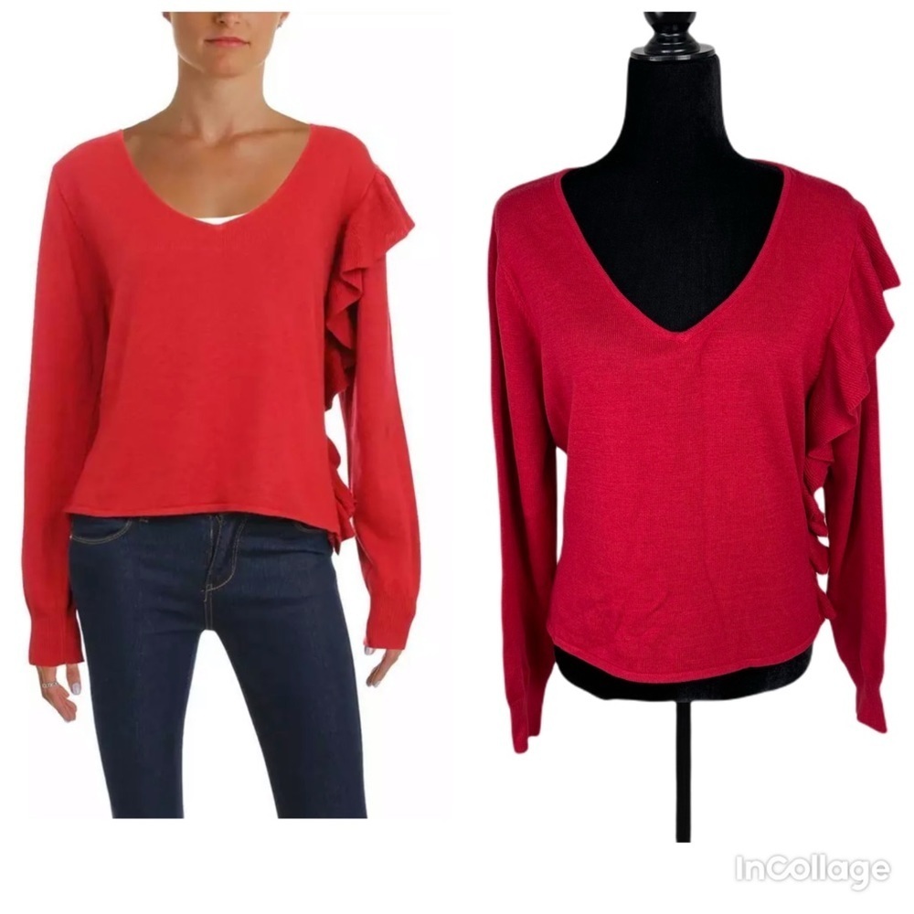 NWT Aqua Ruffled Knit Long Sleeve V-Neck Sweater
